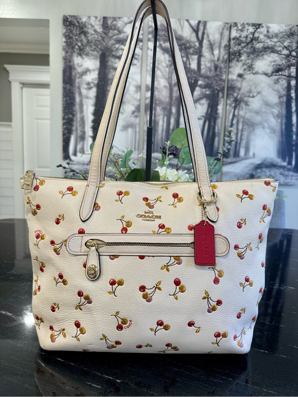 🍒COACH City Tote in Glitter Cherry Print Pebbled Leather (Style 27502)